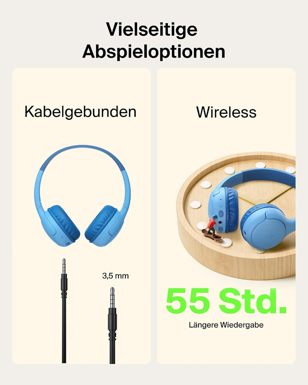 Belkin SoundForm Mini 2 kabelloser On-Ear-Bluetooth-Kopfhörer für Kinder, 55 h Laufzeit, Lautstärkeb