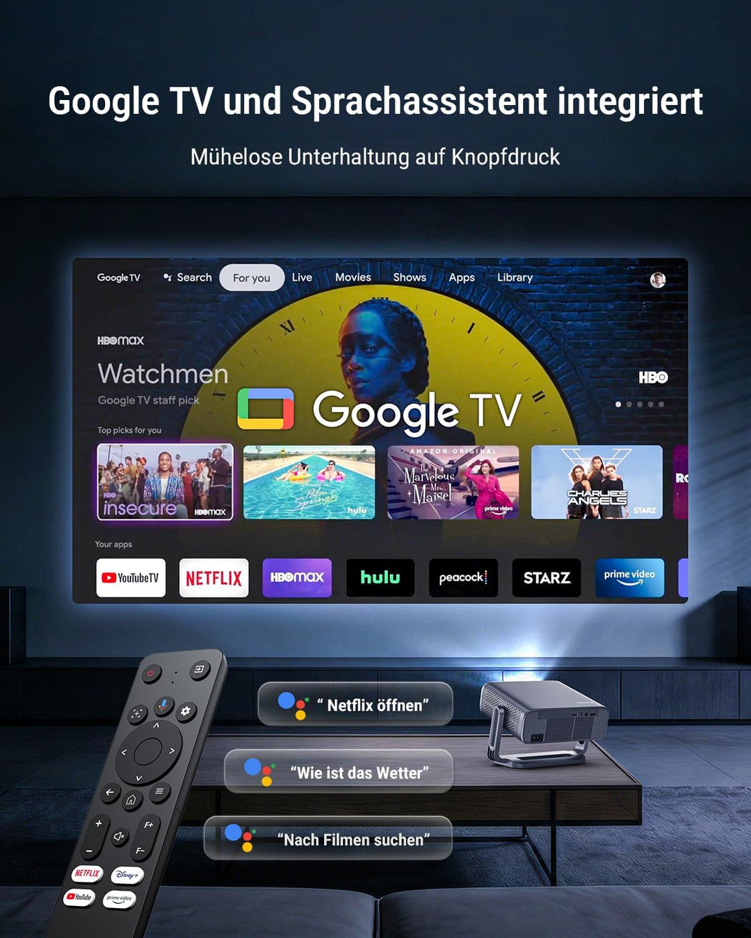 Smart Beamer mit Autofokus & automatischer Trapezkorrektur, WiFi Bluetooth Full HD 1080P, 500 ANSI