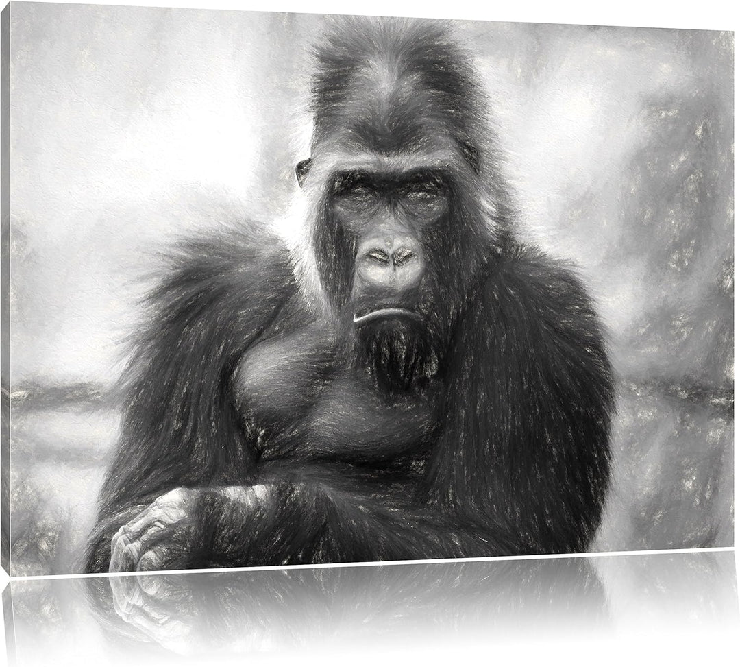 Pixxprint gelangweilter Gorilla Kunst Kohle Effekt, Format: 100x70 auf Leinwand, 100x70