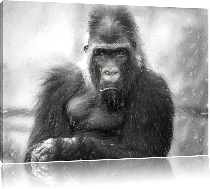 Pixxprint gelangweilter Gorilla Kunst Kohle Effekt, Format: 100x70 auf Leinwand, 100x70