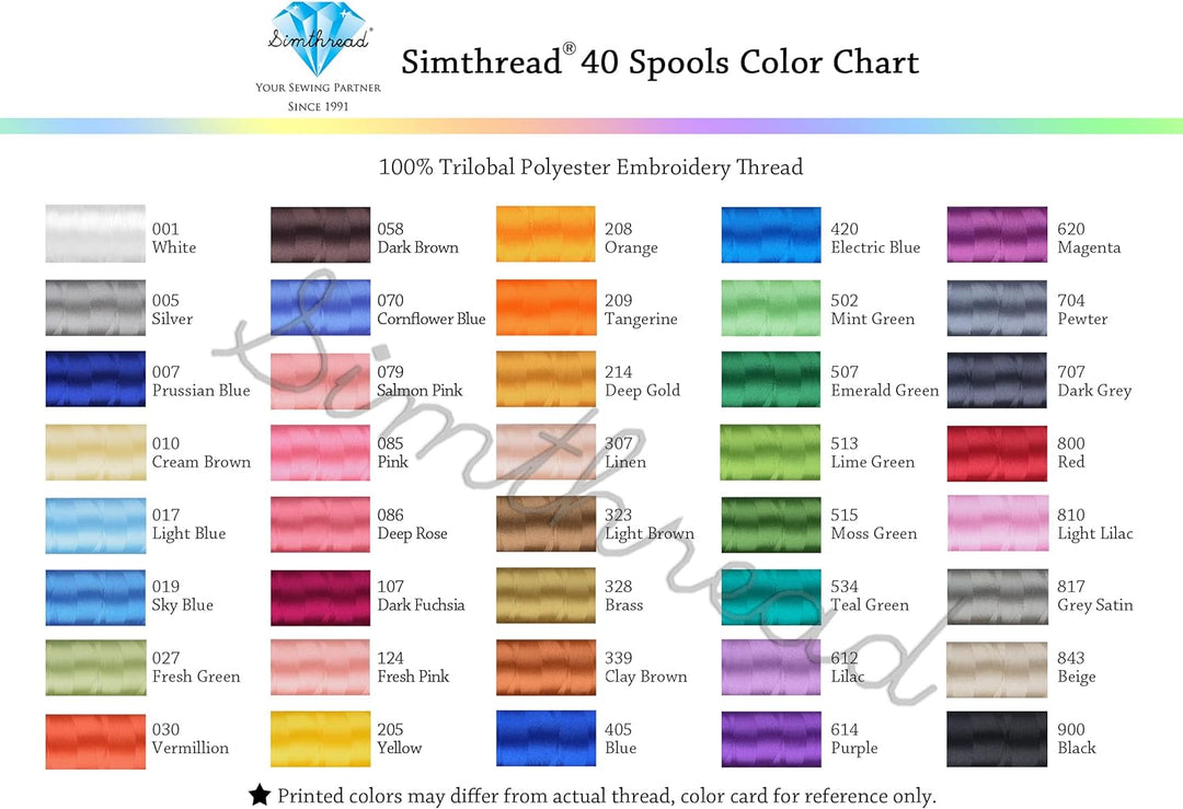 Simthread 40 Farben Polyester Stickgarn 500 Meter (550Y), für Babylock Janome Kenmore Singer Sticker