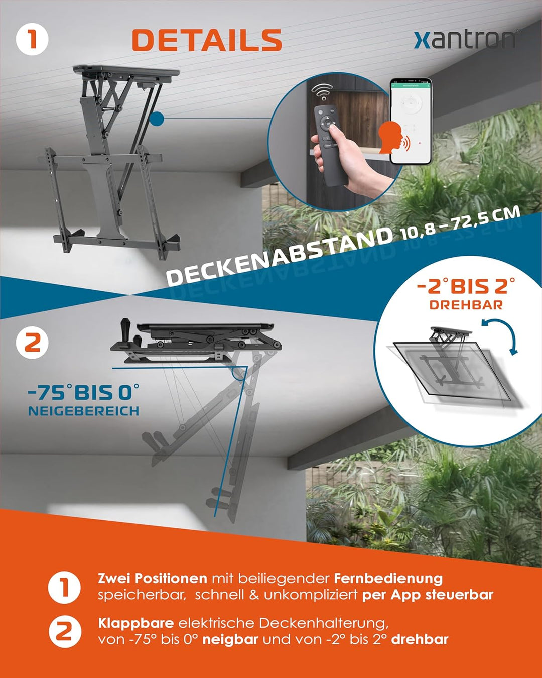 Xantron DEHA-600E TV Deckenhalterung elektrisch klappbar neigbar für 32-70 Zoll/elektrische Fernsehh