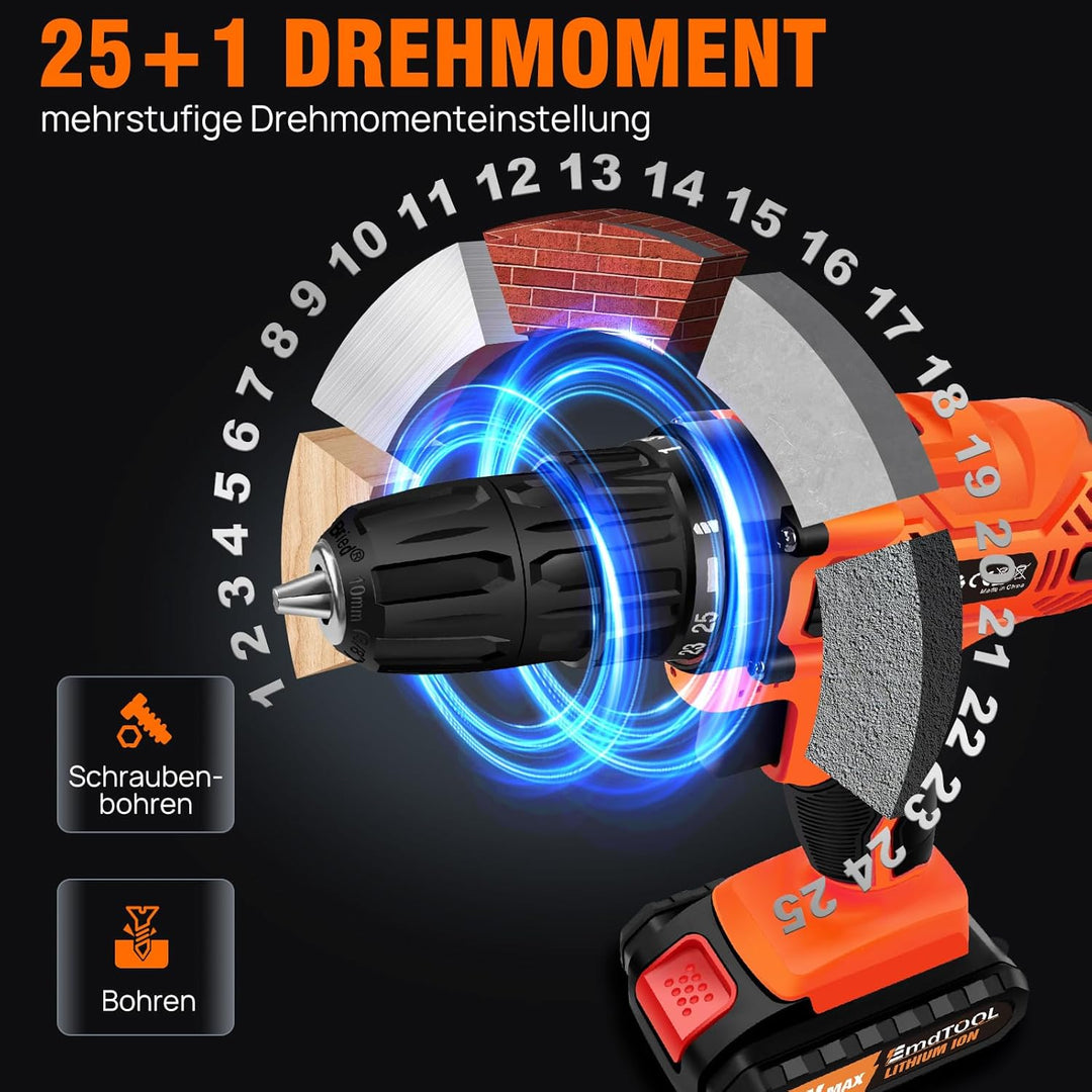 21V Akkuschrauber Set, 45NM Max Akku bohrschrauber mit 2x2000mAh Akkus und Ladegerät, 25+1 Drehmomen