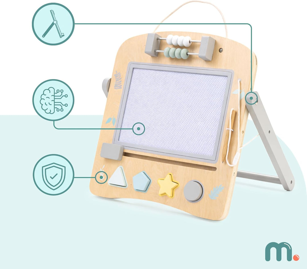 Mamabrum Holz-Lerntafel 2in1 für Kinder, Doppelseitige Magnettafel mit Formensorter, Abakus und Uhr