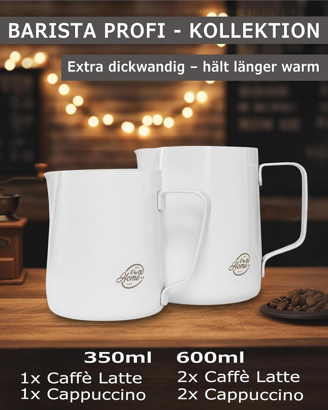 Barista Edelstahl Milchkännchen weiss 350ml (auch 600ml) inkl. Latte Art Stift/Milchschaumkännchen i