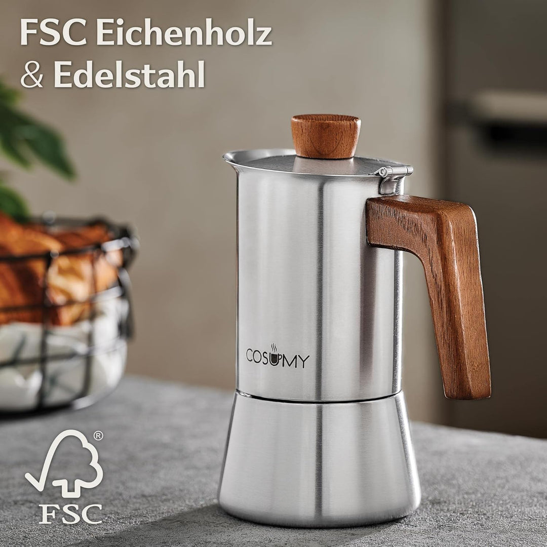 Cosumy Espressokocher Induktion für alle Herdarten geeignet 4 Tassen - Mokkakanne Edelstahl & FSC Ei
