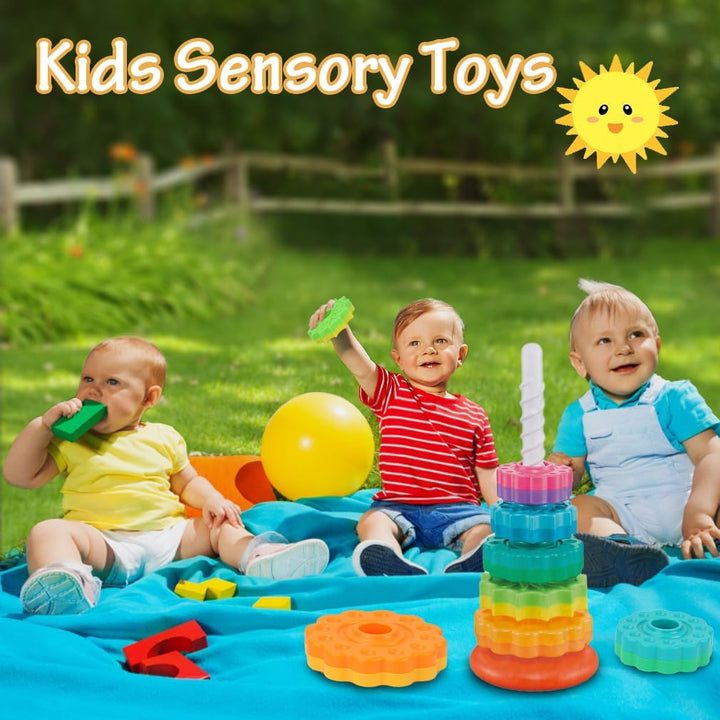 Stapelturm mit Saugnapf Spielzeug Baby, Kinder Stapelringe Bunt Motorik Kreative Pyramide Turm 5 Sch