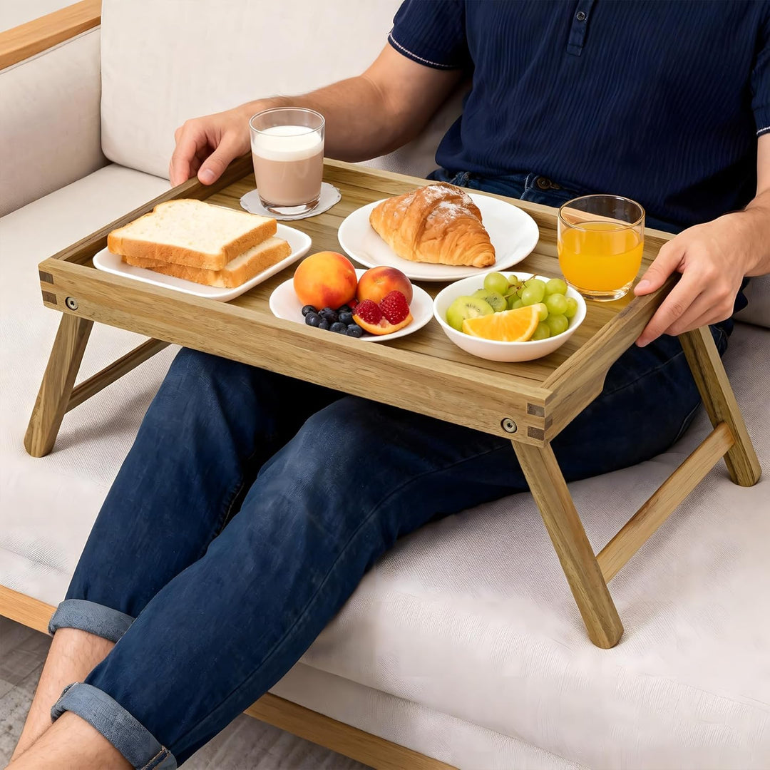 VaeFae Acacia Bed Table Tray, Frühstückstablett aus Holz mit klappbaren Beinen, Betttablett für Esse