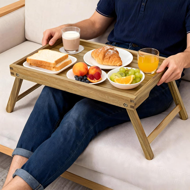 VaeFae Acacia Bed Table Tray, Frühstückstablett aus Holz mit klappbaren Beinen, Betttablett für Esse