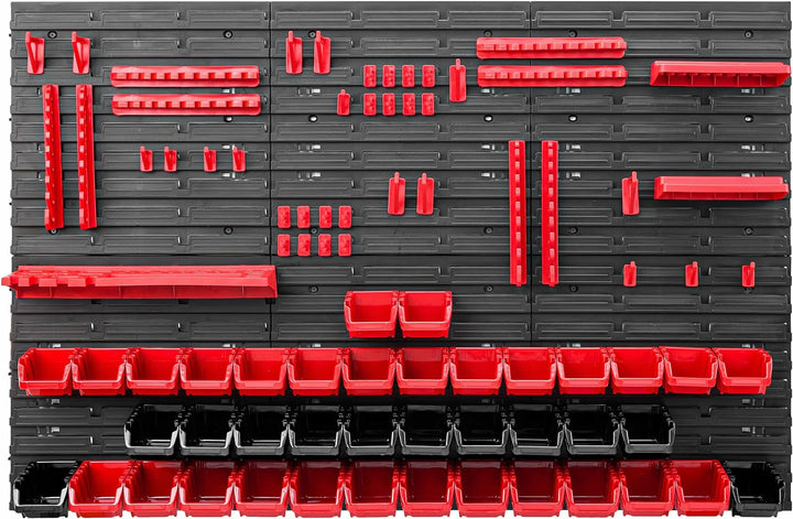 Lagersystem Werkstattregal | 117 x 78 cm | 40 stck. Box | Wandregal mit Werkzeughalterungen und Stap