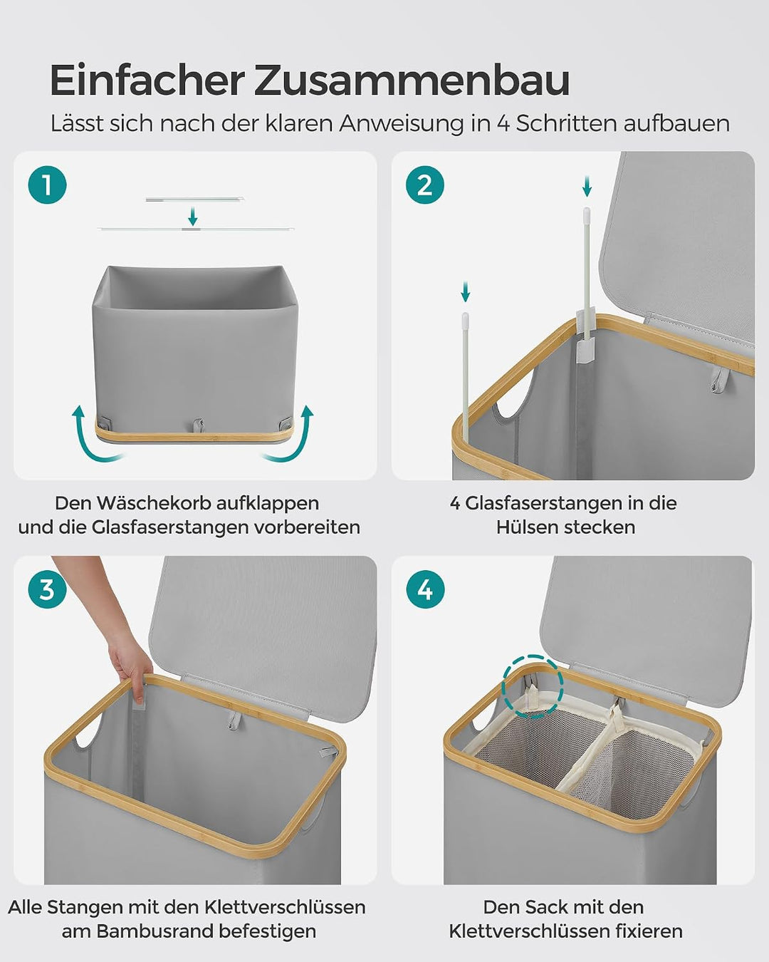 SONGMICS Wäschekorb mit Deckel, Wäschesammler mit 2 Fächern, 130 L, herausnehmbarer Wäschesack, Oxfo