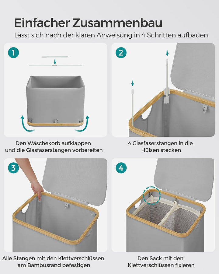 SONGMICS Wäschekorb mit Deckel, Wäschesammler mit 2 Fächern, 130 L, herausnehmbarer Wäschesack, Oxfo