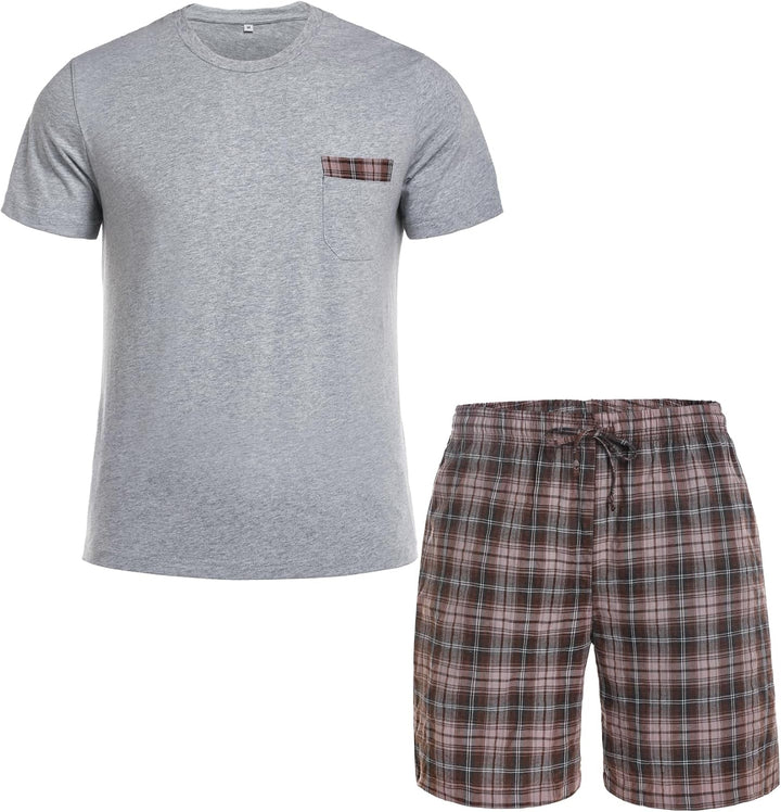 Winovia Schlafanzug Herren Kurz Pyjama 100% Baumwolle Kurzarm Nachtwäsche Nightwear Set mit Rundhals