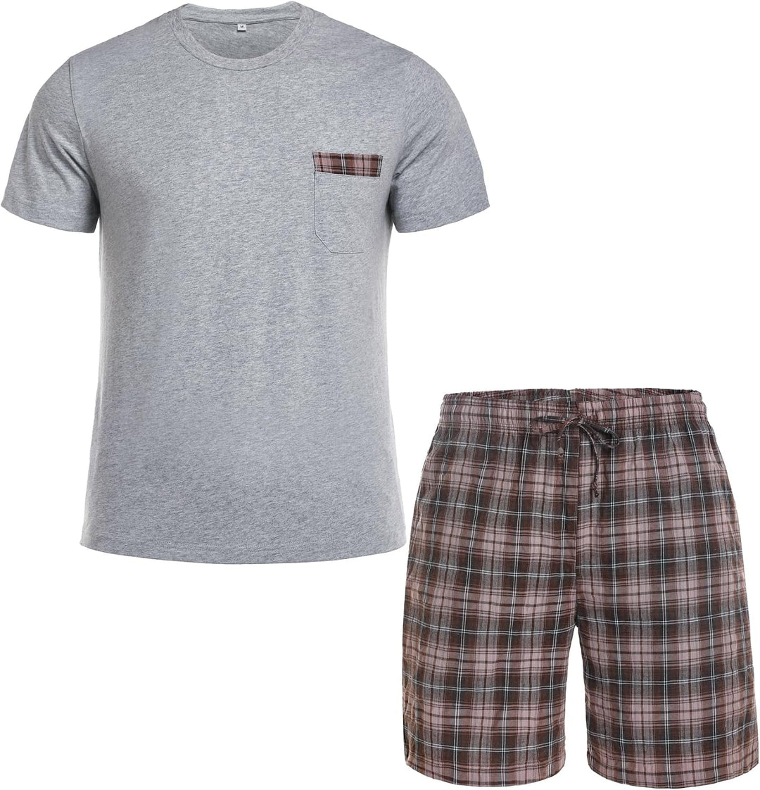 Schlafanzug Herren Kurz Pyjama Set aus Baumwolle Kurzarm Nachtwäsche mit Karierter Hose und Brusttas
