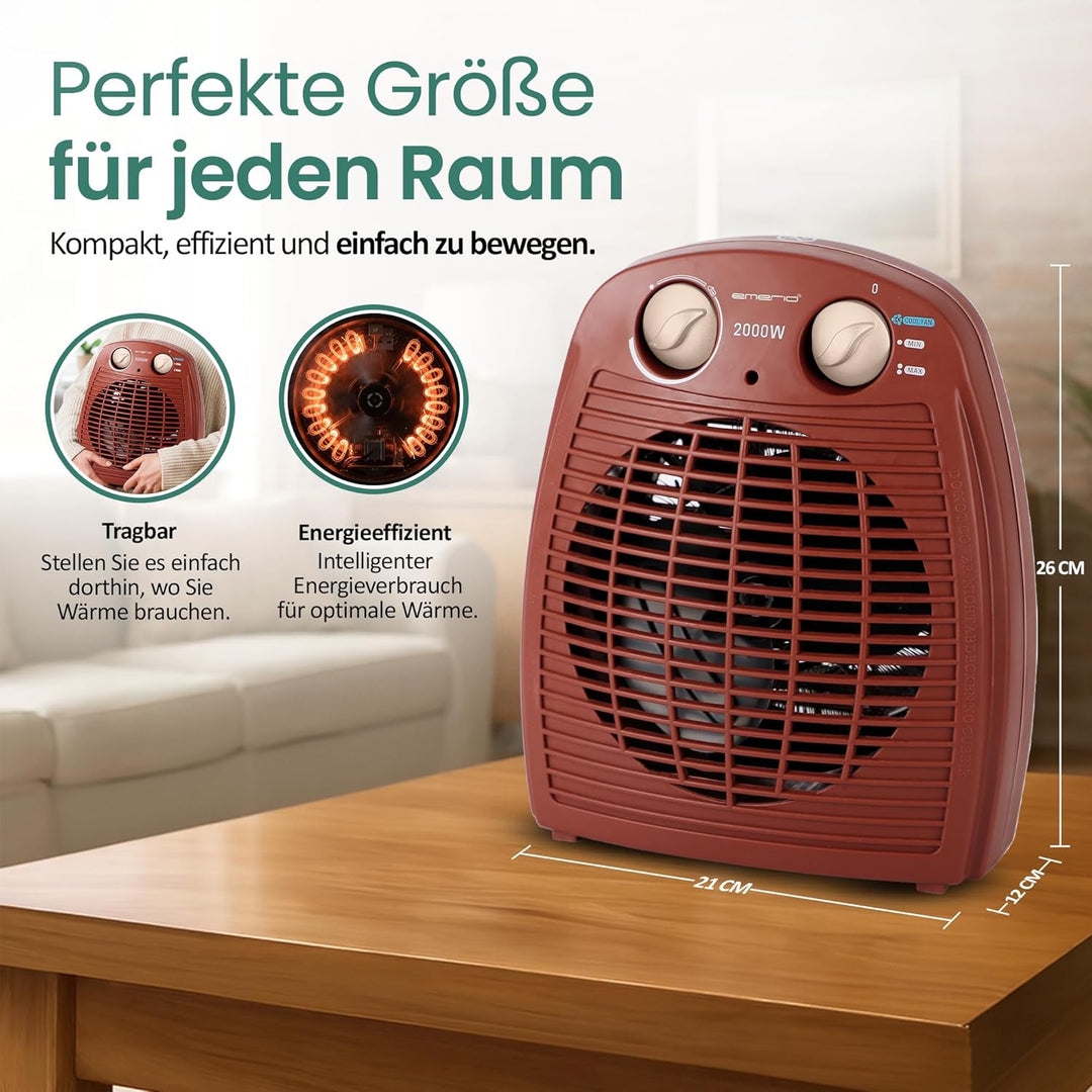 EMERIO Heizlüfter 2000W | klein leicht kompakt portabel | für ca. 25m² | 2 Heizleistungen + Ventilat