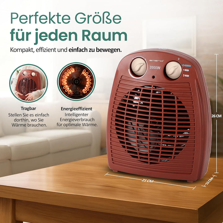 EMERIO Heizlüfter 2000W | klein leicht kompakt portabel | für ca. 25m² | 2 Heizleistungen + Ventilat