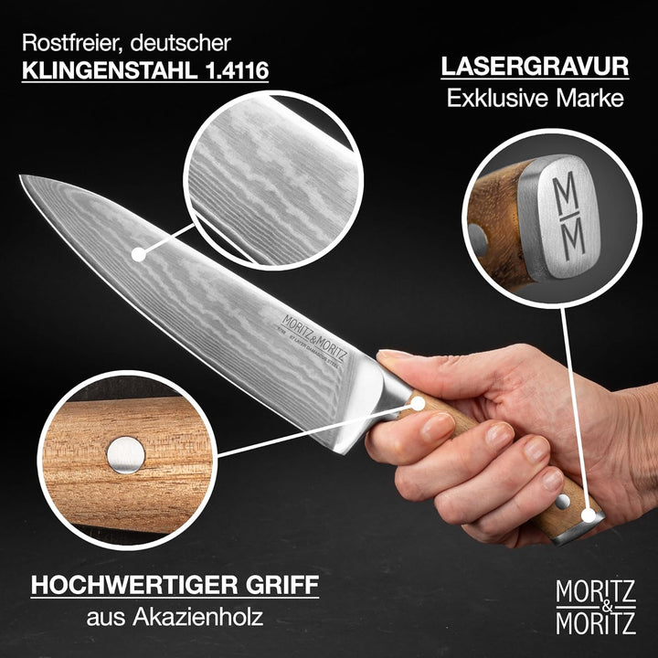Moritz & Moritz Profi Messerset 3-teilig bestehend aus Kochmesser, Santokumesser und Damastmesser –