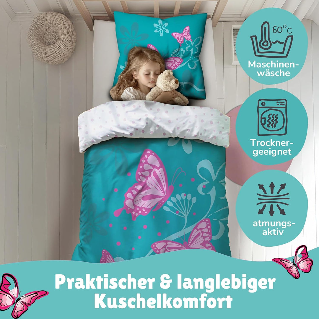 CTI - Bettwäsche Set Schmetterlinge 135x200 cm 80x80 cm Baumwolle türkis rosa Linon Wendebettwäsche