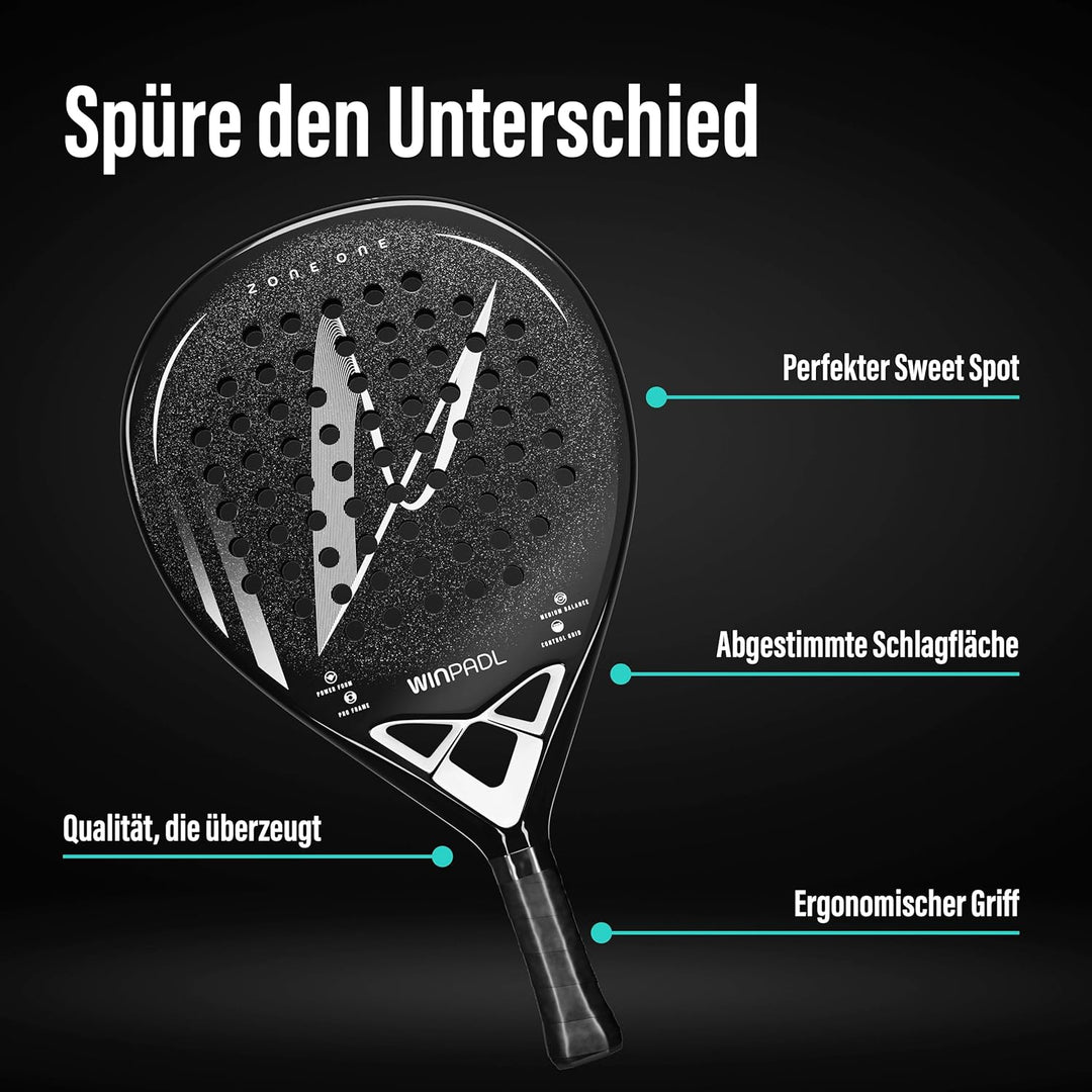 Padelschläger Zone One aus Carbonfaser - 100% Carbon-Rahmen, Soft-Eva-Kern, 365 g, Tropfenform, raue