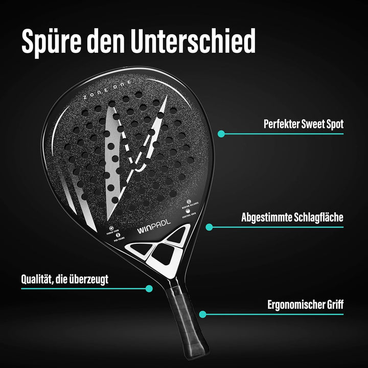 Padelschläger Zone One aus Carbonfaser - 100% Carbon-Rahmen, Soft-Eva-Kern, 365 g, Tropfenform, raue
