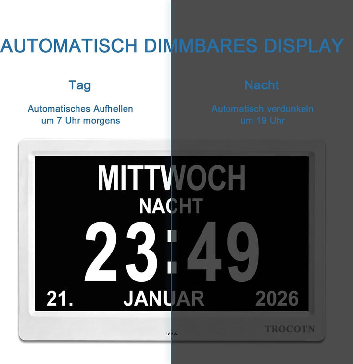 TROCOTN 10 Zoll Digitale Uhr Tagesuhr Grosses Display Wecker Wanduhr (Weiss) 10 Zoll Weiss, 10 Zoll