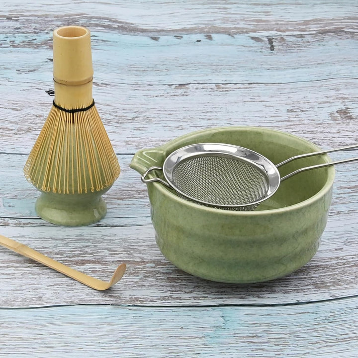 5 Stück Matcha Set, Japanisches Matcha Tee Set mit Bambusbesen, Keramik Schale mit Ausgiesser, Edels