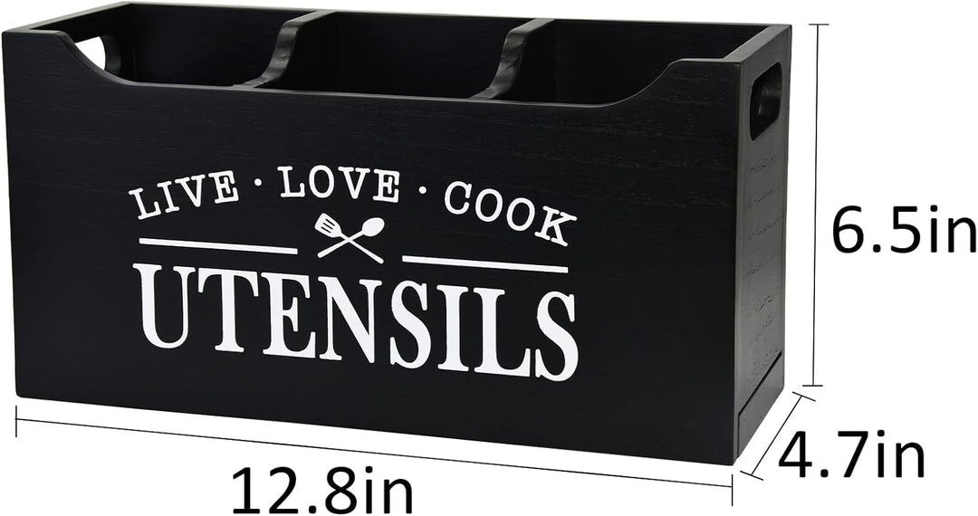 Karisky Kitchen Utensilhalter mit Entwässerungboden, grosse 3 Fächer fester echtes Holz Utensil Orga