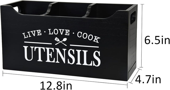 Karisky Kitchen Utensilhalter mit Entwässerungboden, grosse 3 Fächer fester echtes Holz Utensil Orga