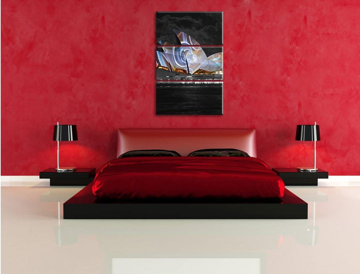 Pixxprint beeindruckende Sydney Opera House Lichter schwarz/weiss 3-Teiler Leinwandbild 120x80 Bild