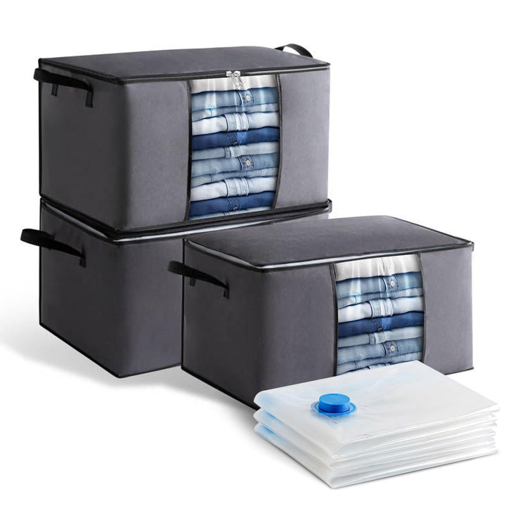 3er Set Aufbewahrungstaschen aus Vliesstoff 60×40×35 cm (Dunkelgrau) + 3 Vakuumbeutel 70×50 cm, Falt