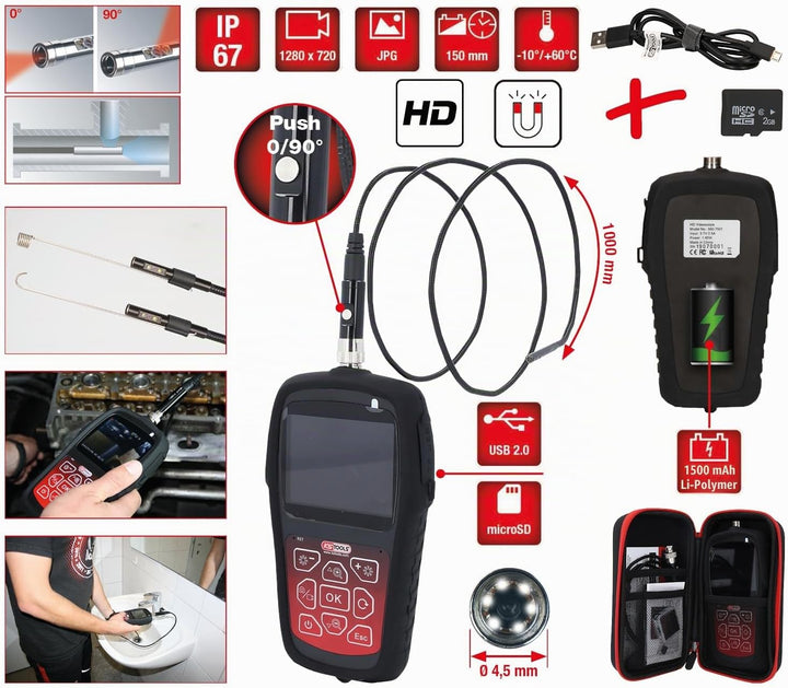KS Tools 550.7530 HD-Videoskop-Satz mit Ø 4,5 mm 0° und 90° HD Frontkamera-Sonde, umschaltbar, 7-tlg