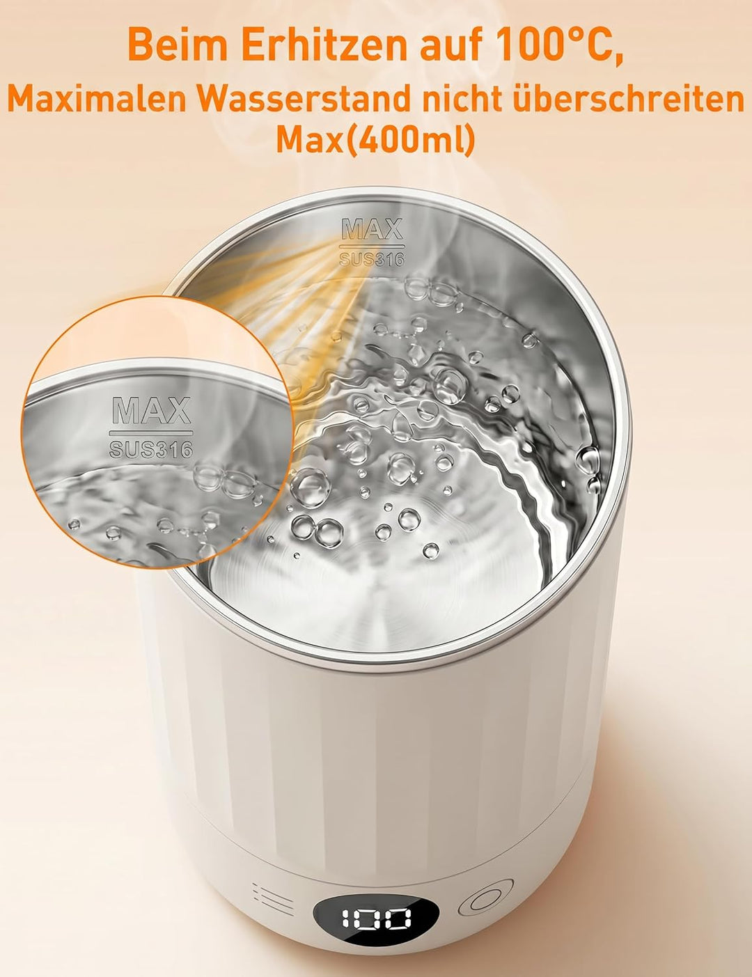 Reisewasserkocher, Mini Wasserkocher mit 9 Temperaturstufen, Tragegriff | 600ml, 4-in-1, Doppelschic