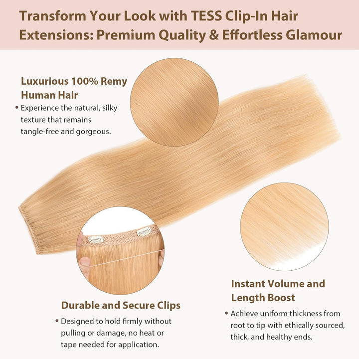 TESS 40 cm Flip In Extension Echthaar Blond mit 2 Clips, Haarverlängerung Mit Gummiband Echthaar Mit