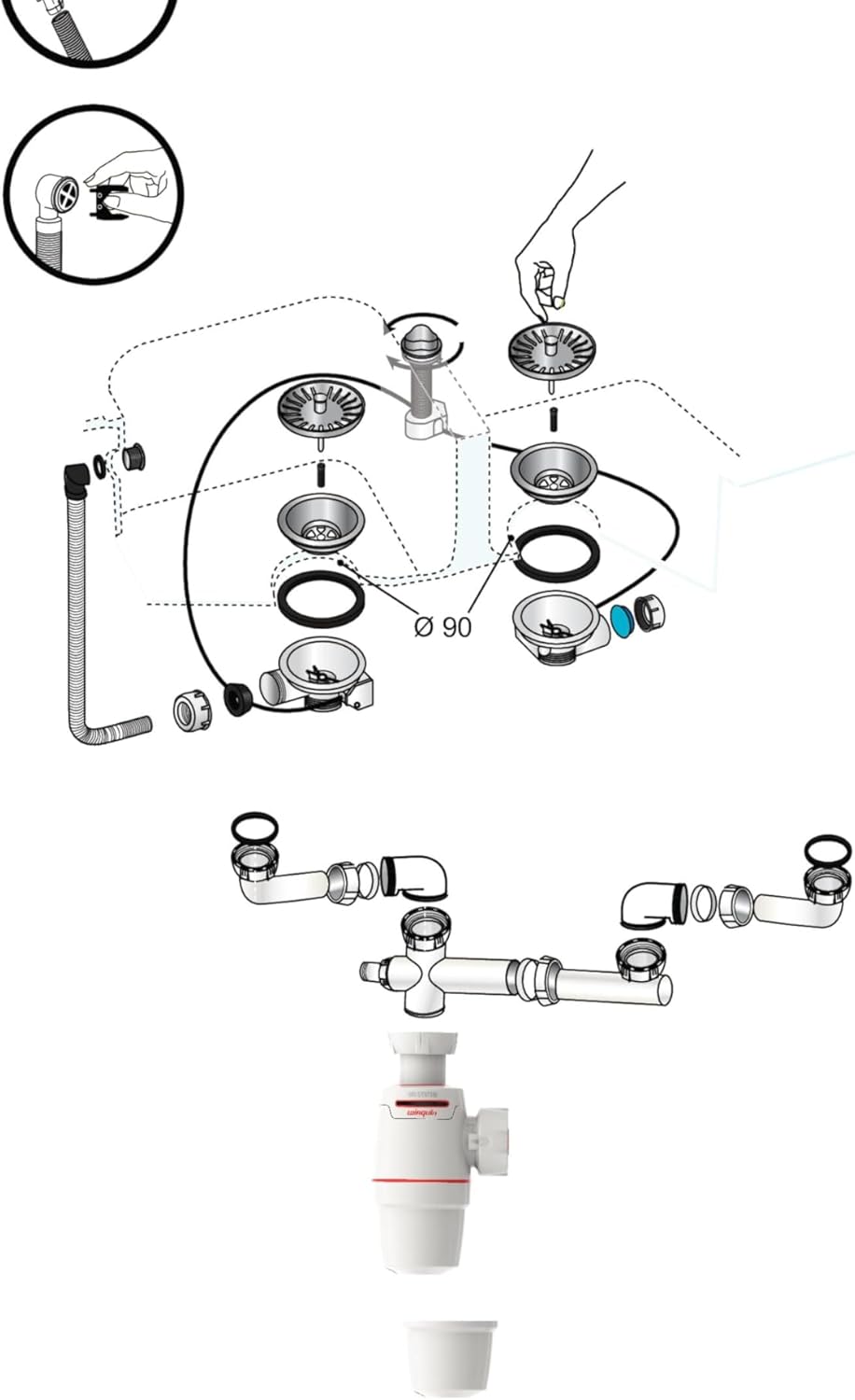 Wirquin 30724378 Ablaufgarnitur und Siphon für Spülbecken 2 Becken mit Siphon Wirquin Neo Air, chrom