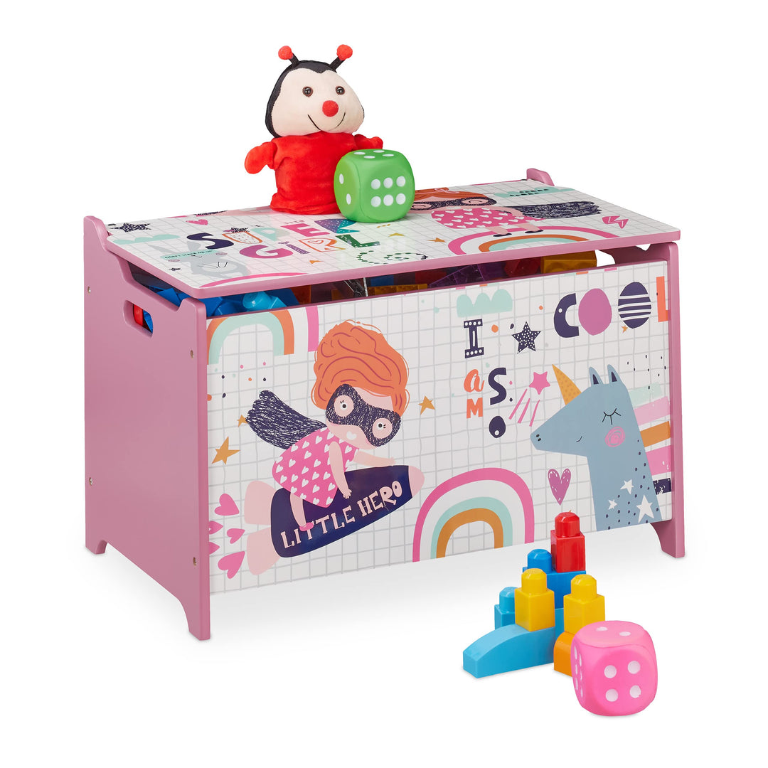 Relaxdays Spielzeugtruhe, mit Heldin-Motiv, Spielzeugkiste mit Deckel, HBT: 39x60x36,5 cm, MDF, Spie