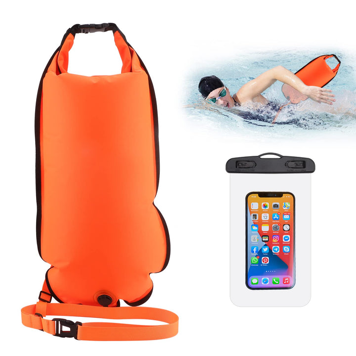 Schwimmboje, 20L Trockensack, Zwei Kammern, Aufblasbare Schwimmhilfe mit Wasserdichter Handytasche,