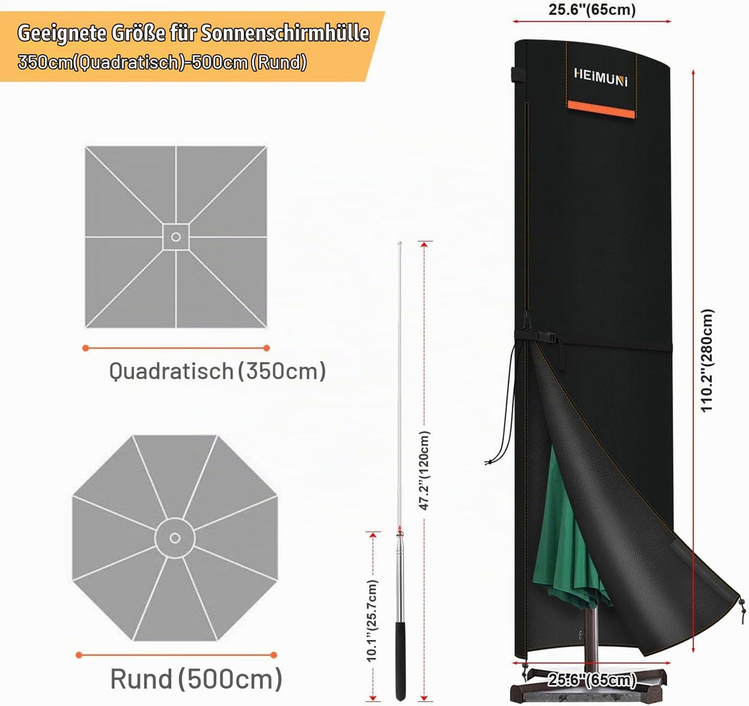 HEIMUNI Ampelschirm Schutzhülle, Sonnenschirm Schutzhülle mit Stab, Abdeckung für Sonnenschirm 2 bis