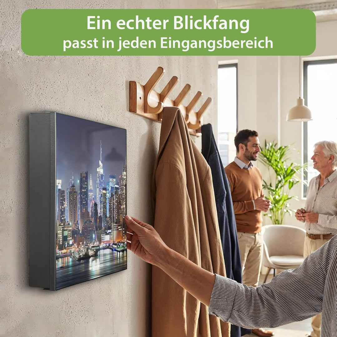 banjado® Grosser Schlüsselkasten Glas/Schlüsselbox 30cm x 30cm mit 50 Haken - Motiv New York/Schlüss