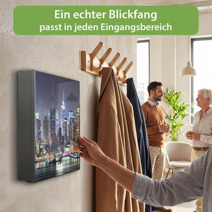 banjado® Grosser Schlüsselkasten Glas/Schlüsselbox 30cm x 30cm mit 50 Haken - Motiv New York/Schlüss