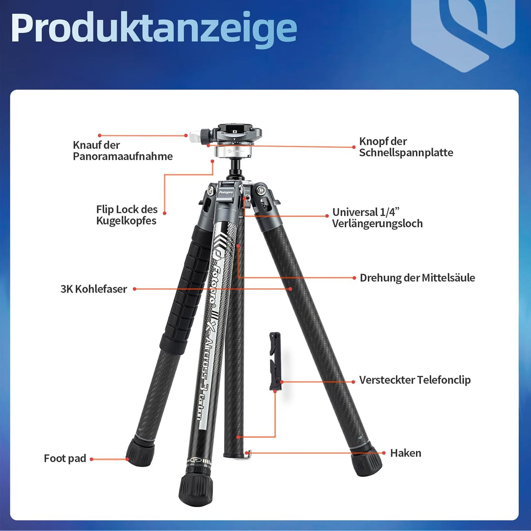 Fotopro X-Aircross 3 Lite 157cm Leichtes Reisestativ Kohlefaser mit Panorama Kugelkopf 0.81kg Ultral