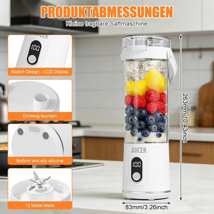 Tragbarer Mixer to go, 600ml Fresh Juice Mixer Flasche Mini Mixer und Smoothie Maker mit 12 Klingen,