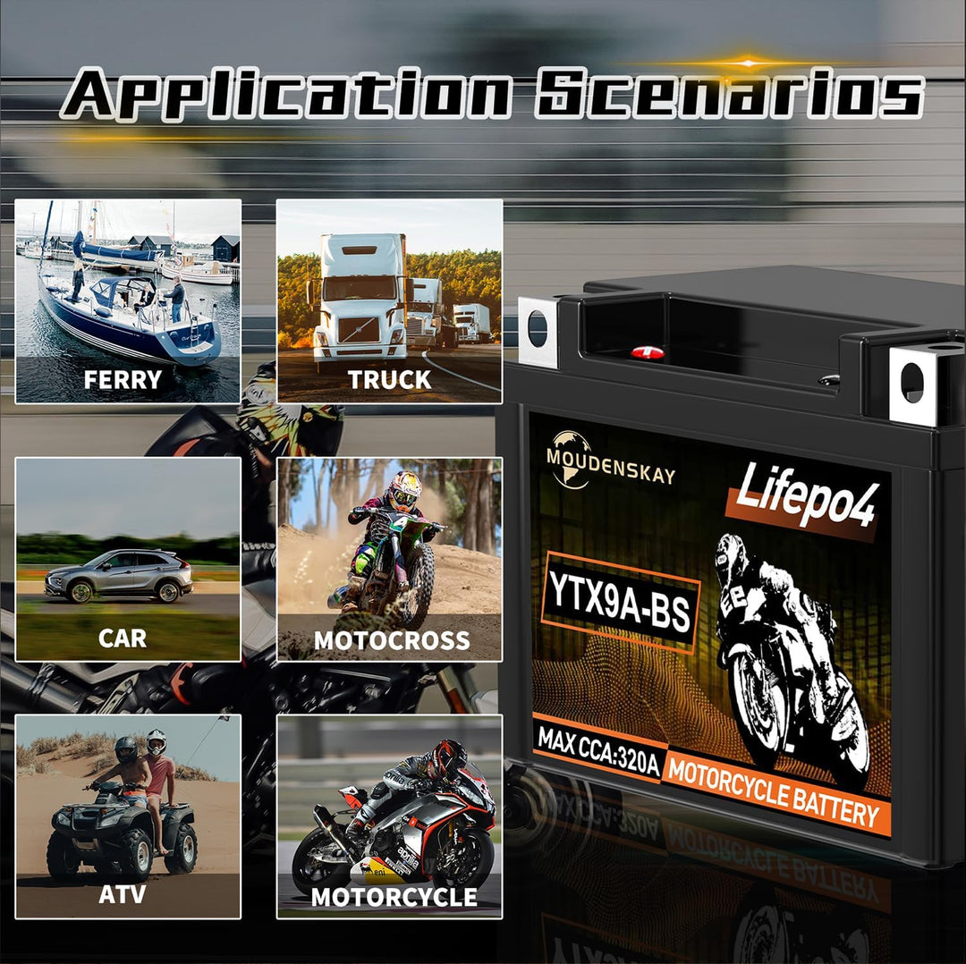 Lithium MotorradBatterie 12V Lithium Powersports Batterie mit BMS(YTX9A-BS 12.8V 4Ah 320CCA) LiFePO4