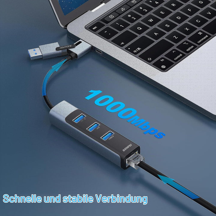 BENFEI Ethernet Adapter mit 3*USB 3.0, USB Typ-C/Typ-A auf Gigabit Ethernet LAN Netzwerk Adapter, ko