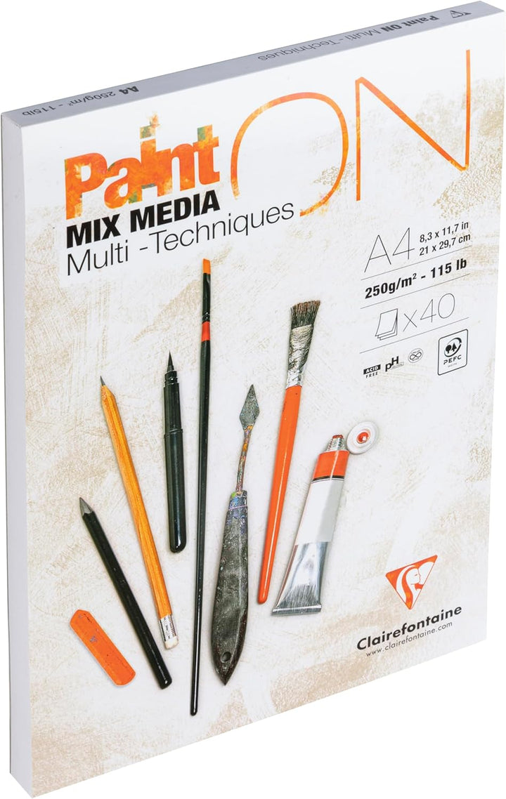 Clairefontaine 96537C - Packung mit 4 Blöcken Paint´ON feinkörnig, DIN A4, kopfseitig geleimt, 40 Bl