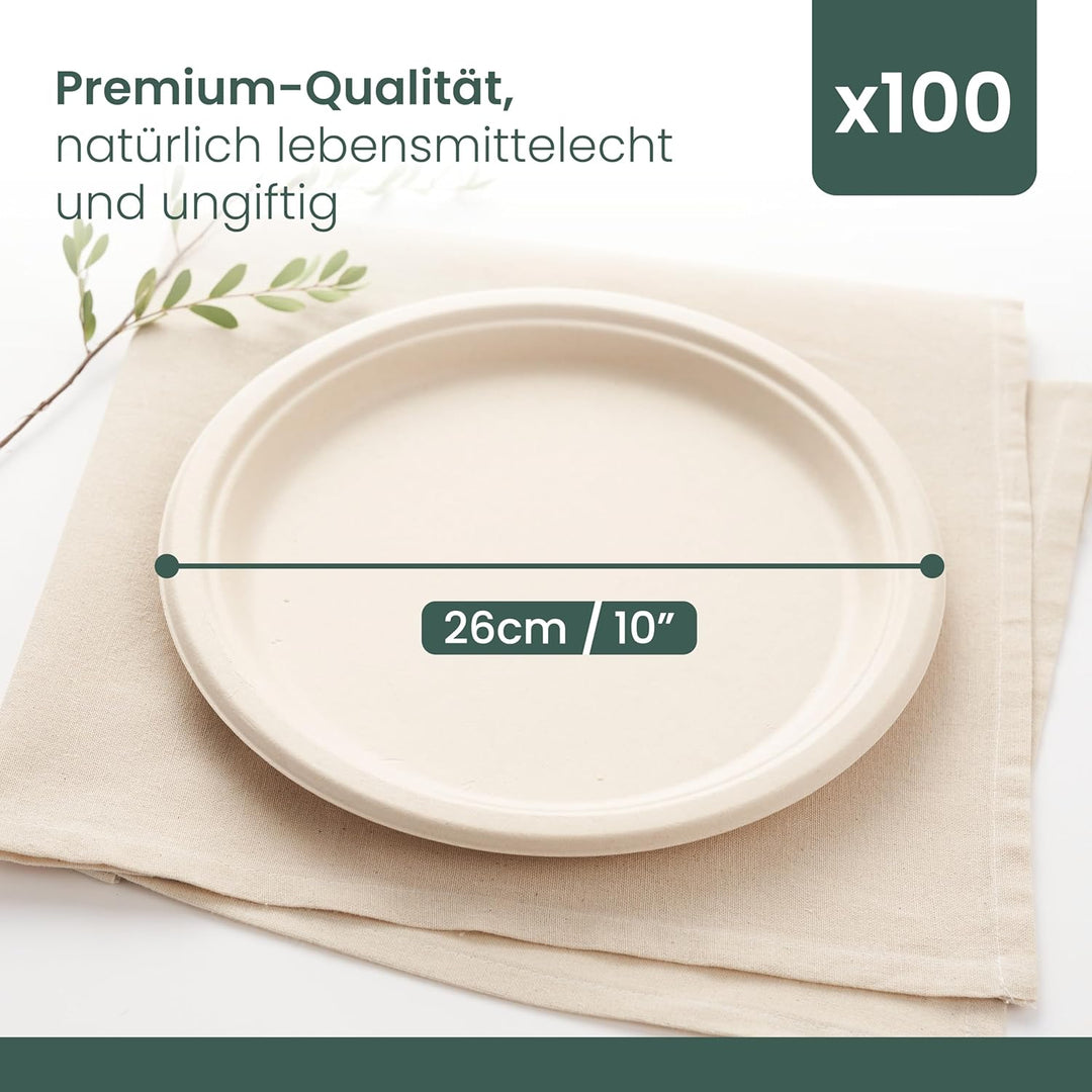 HAAGO 96 Zuckerrohr Bagasse Einwegteller für Geburtstage, Hochzeiten, Partys, 26cm - Stabil, Umweltf