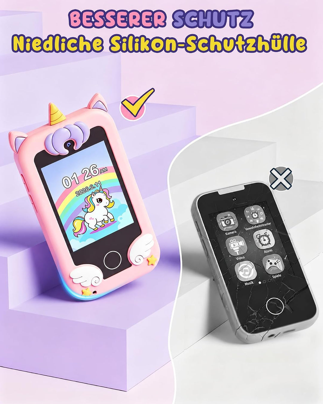 UCIDCI Kinder-Smartphone-Spielzeug für Mädchen im Alter von 3–7 Jahren mit Dual-Kamera – Kleinkind-H