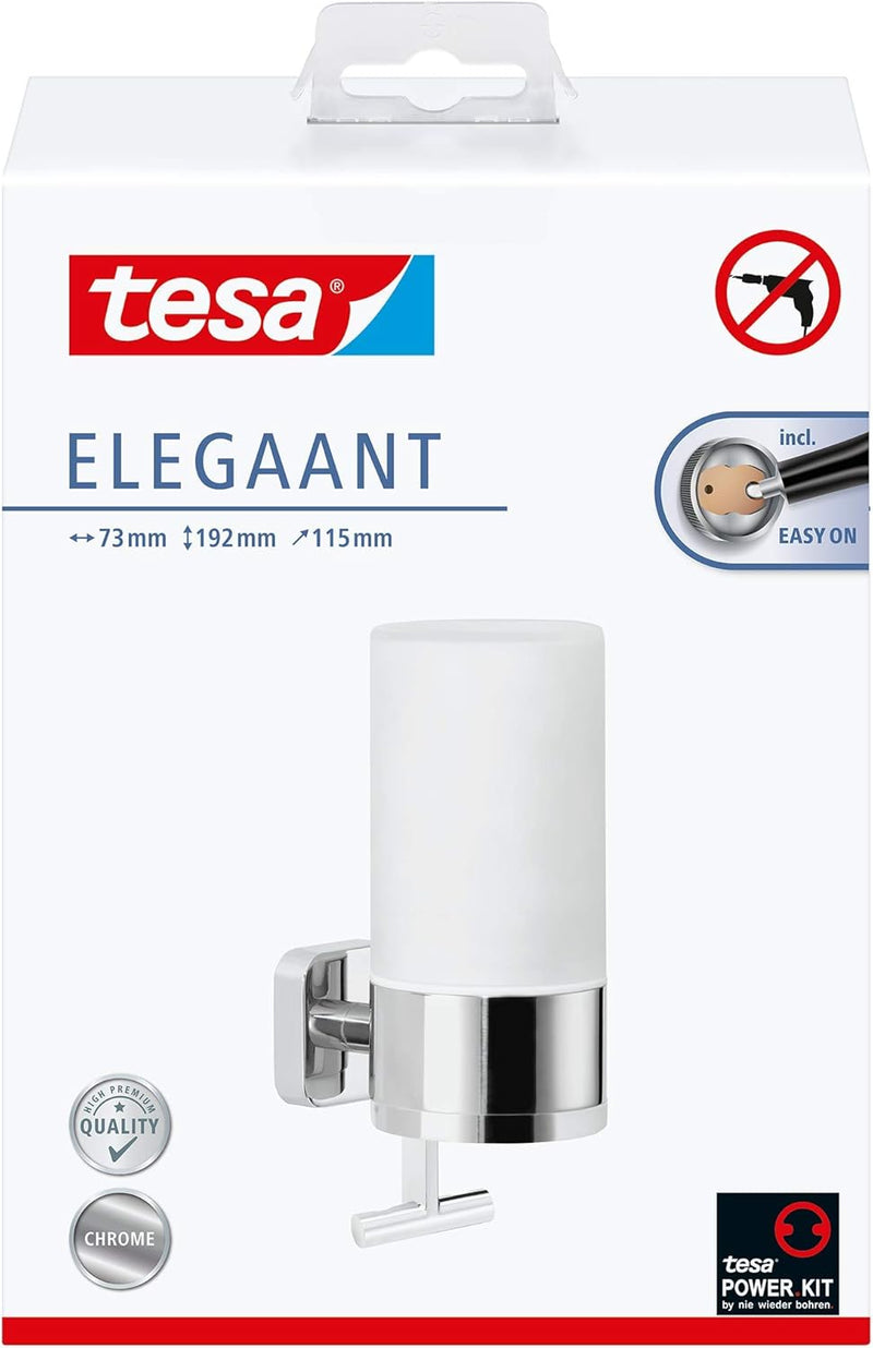 tesa ELEGAANT Seifenspender-Set, Milchglas und verchromtes Metall - Flüssigseifenspender zur Wandbef