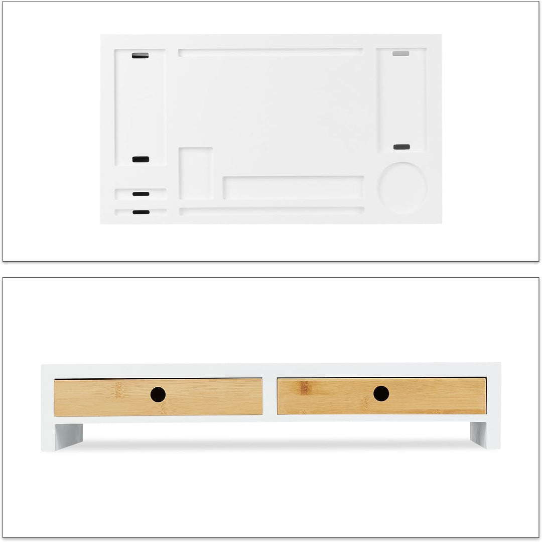 Relaxdays Monitorständer, XL Bildschirmerhöhung aus Bambus &amp; MDF, 2 Schubladen, Organizer, HBT 11 x