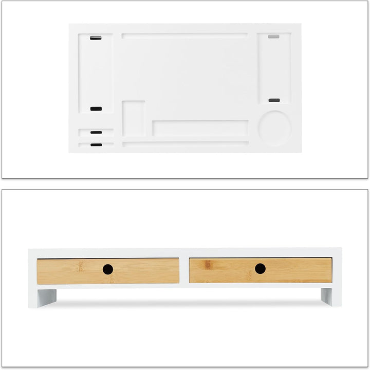 Relaxdays Monitorständer, XL Bildschirmerhöhung aus Bambus &amp; MDF, 2 Schubladen, Organizer, HBT 11 x