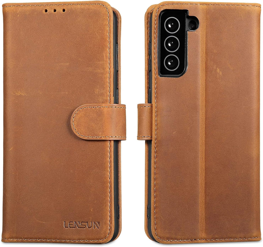 LENSUN Echtleder Hülle für Samsung Galaxy S21 Plus, Handyhülle [Echtes Leder] [Magnetverschluss] [Ka